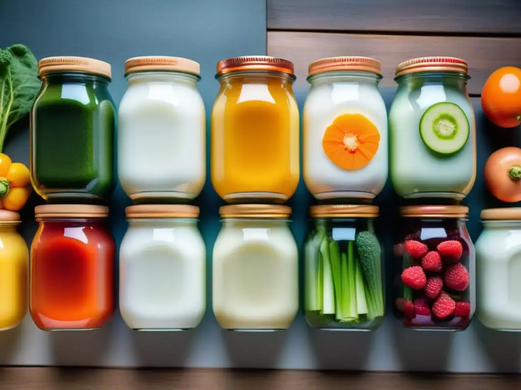 Un festín visual de alimentos probióticos coloridos y vibrantes en una mesa de madera moderna