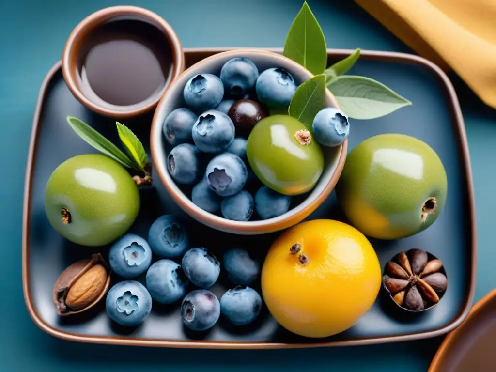 Un festín visual de antioxidantes para bienestar integral en Uruguay: arándanos, té verde, nueces y chocolate negro en una presentación elegante