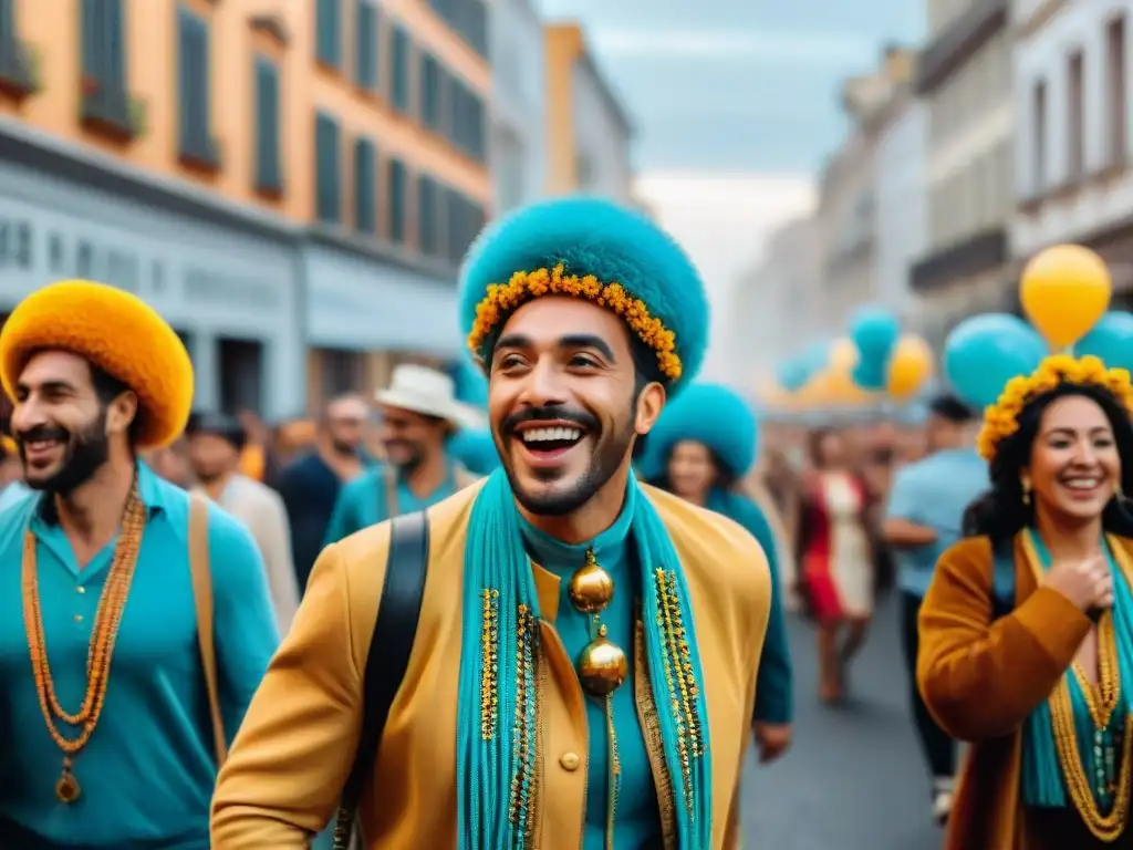 Fiesta callejera en Montevideo: risas, colores y comunidad celebrando juntos, reflejando los beneficios de la risa en el bienestar en Uruguay