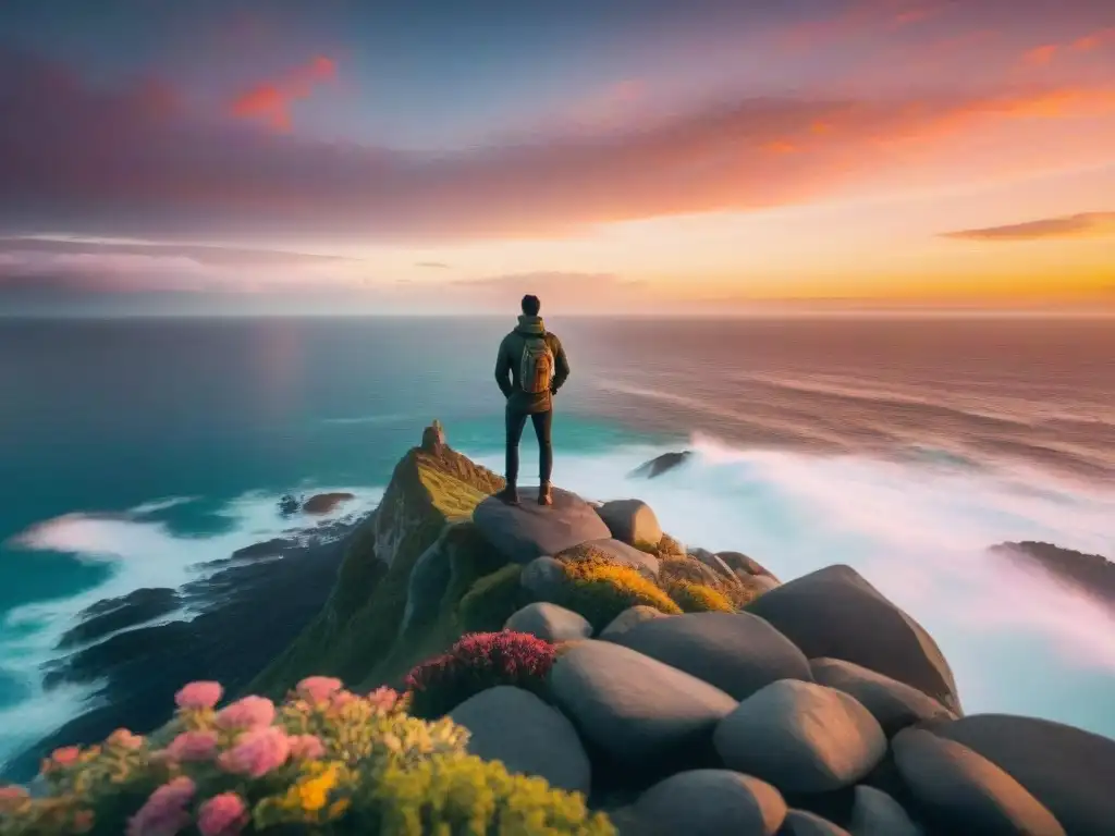 Reflexión y fortaleza en un acantilado, mirando al mar al atardecer