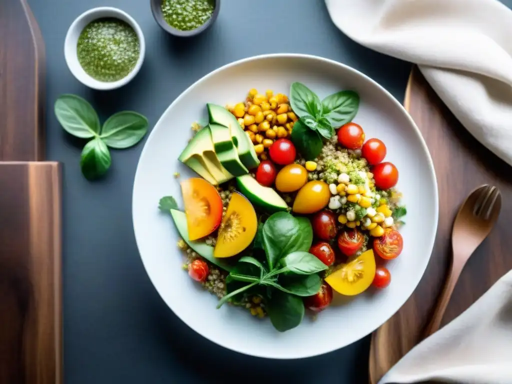 Una fresca ensalada uruguaya de quinoa con tomates, aguacate y maíz, bañada en chimichurri, en un plato blanco sobre mesa de madera