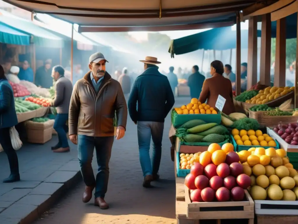 Puesto de frutas y verduras en un mercado vibrante de Uruguay, reflejando la cultura alimentaria saludable del país