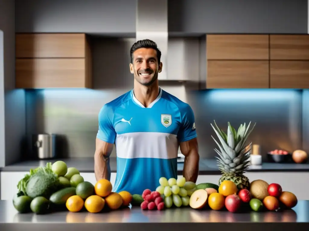 Un futbolista uruguayo sonriente preparando una comida balanceada rodeado de alimentos frescos