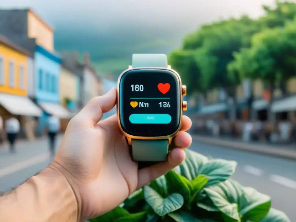 Smartwatch futurista en Uruguay integrando tecnología y bienestar con métricas de salud