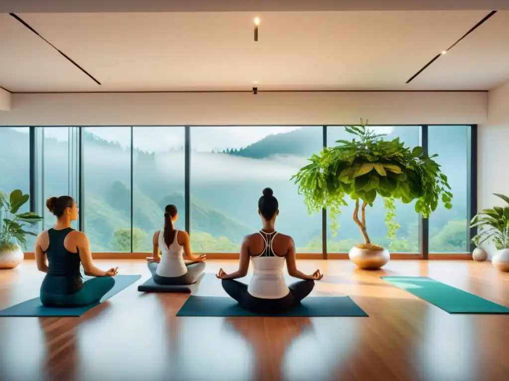 Sesión de yoga en centro wellness futurista con tecnología integrada, representando la gestión del bienestar en Uruguay