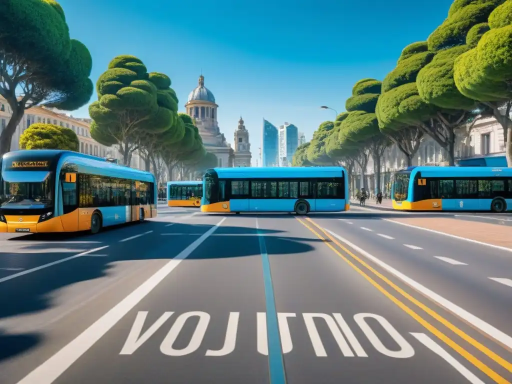 Un Montevideo futurista y vibrante con buses públicos verdes, reflejando un transporte público verde en Uruguay