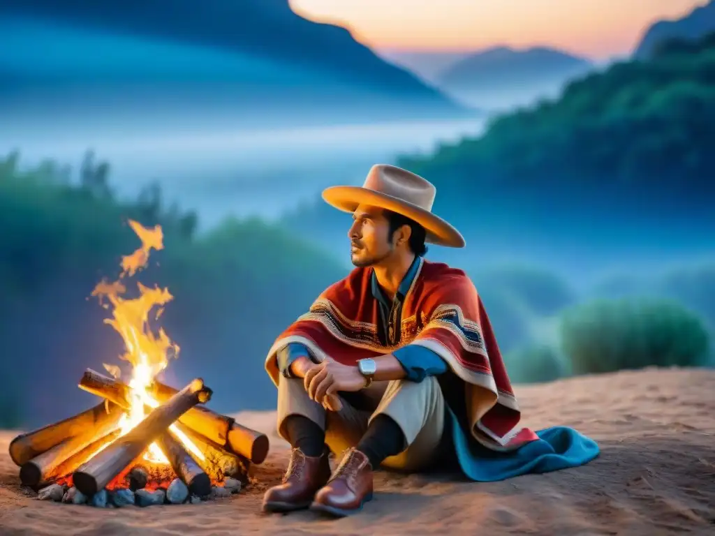 Un gaucho en la noche, contemplativo junto al fuego, rodeado de naturaleza, con un mate en mano