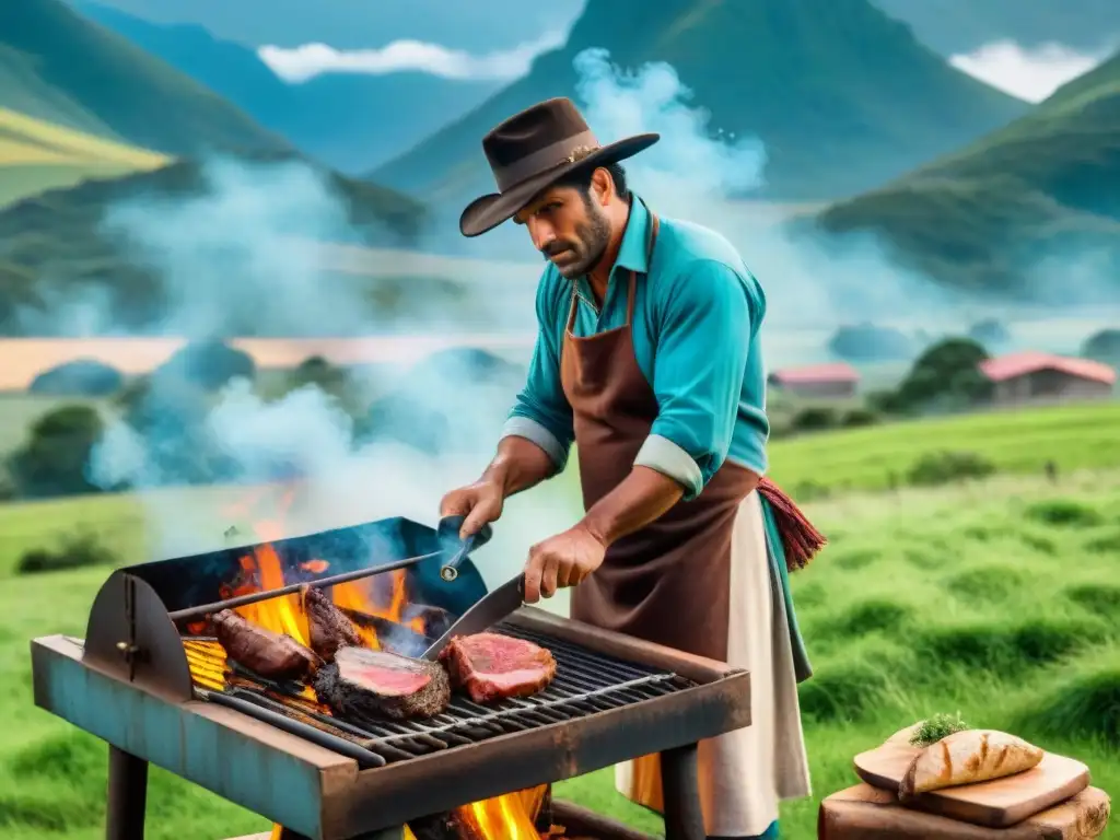 Un gaucho uruguayo prepara un asado en la naturaleza, reflejando la dieta sostenible de Uruguay