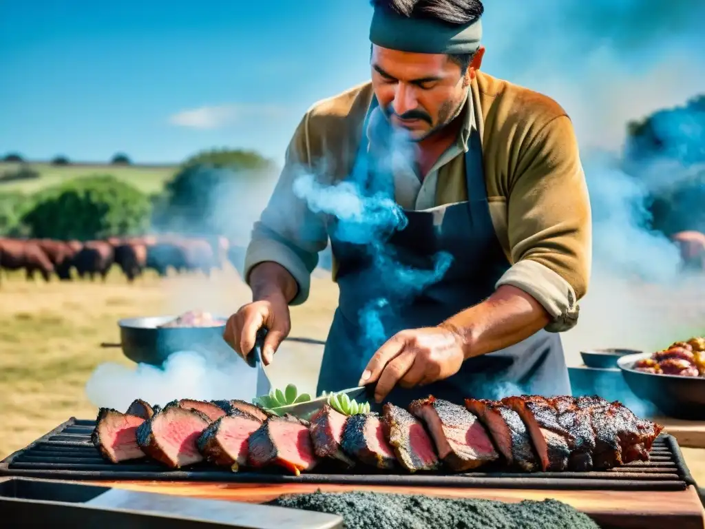 Un gaucho uruguayo cortando un asado con precisión, en un paisaje de pampas verdes