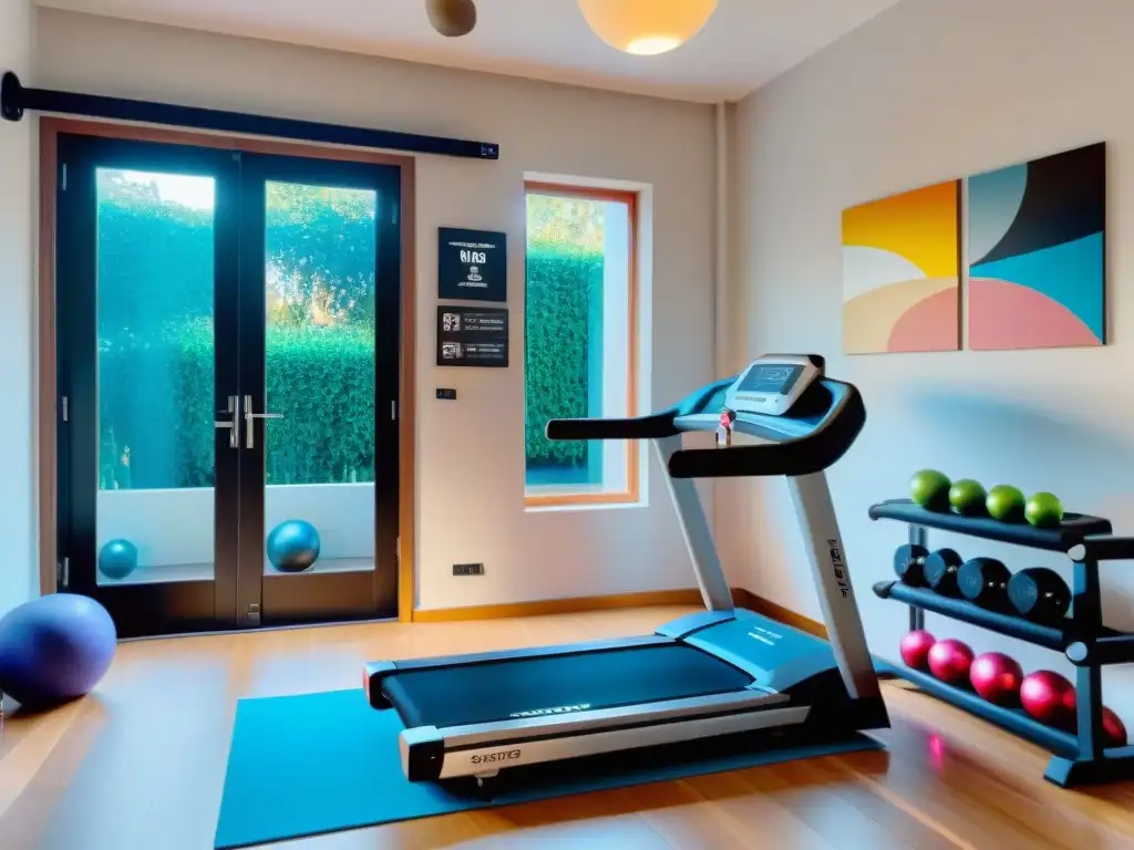 Un gimnasio en casa moderno y acogedor en Uruguay, con equipo de ejercicio organizado y motivadoras decoraciones