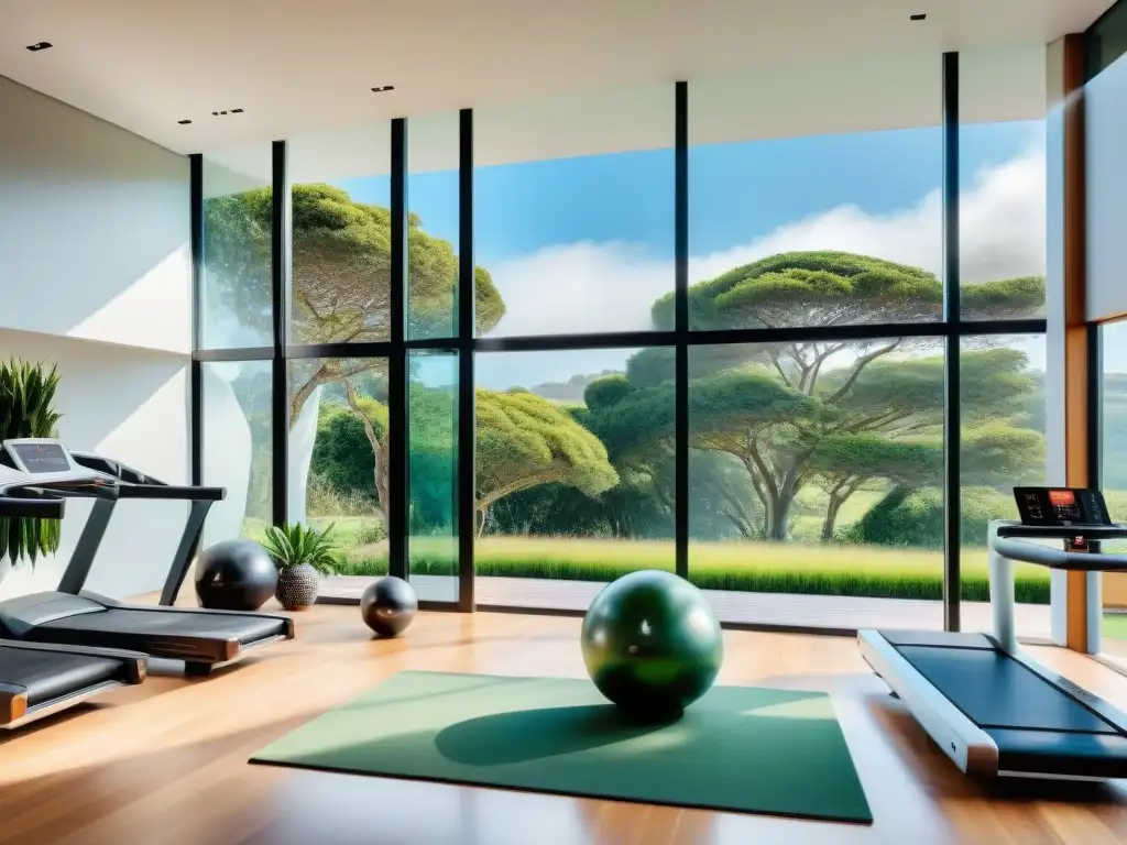 Un gimnasio en casa de diseño moderno y elegante en Uruguay, con equipo de última generación y vistas panorámicas