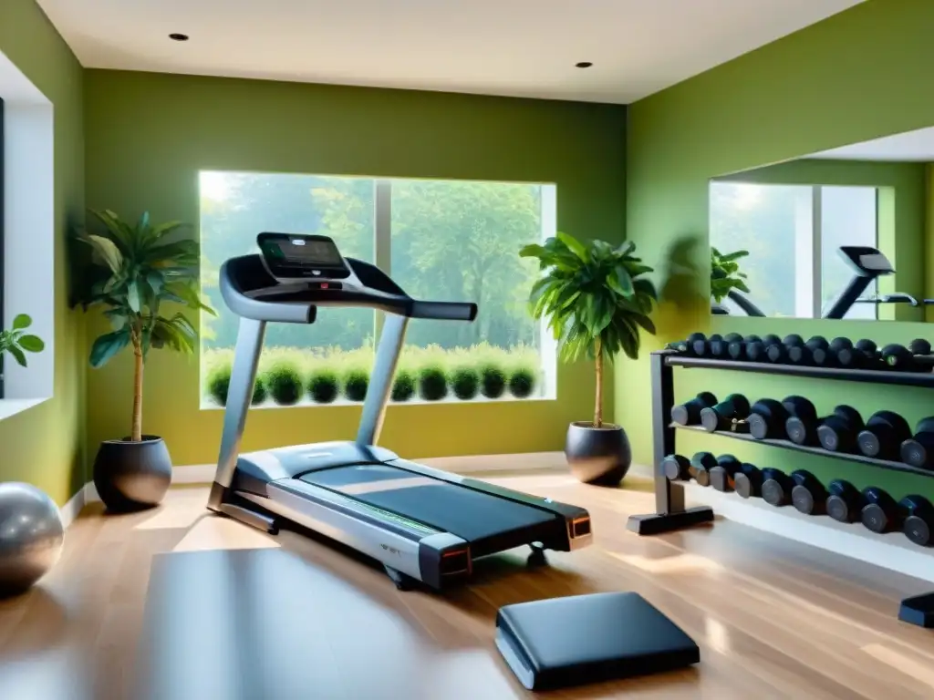 Un gimnasio en casa moderno y elegante con equipos de alto rendimiento, motivación y plantas verdes