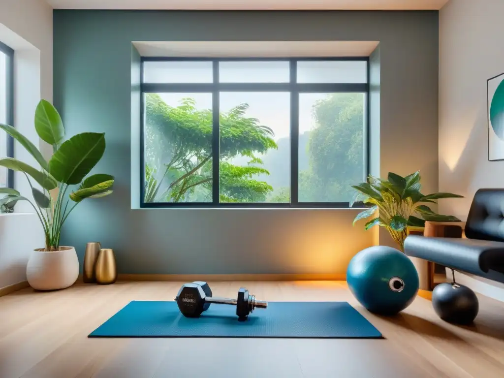 Un gimnasio en casa moderno y sereno en Uruguay, con equipamiento de ejercicio y plantas, ofrece beneficios gimnasio en casa Uruguay