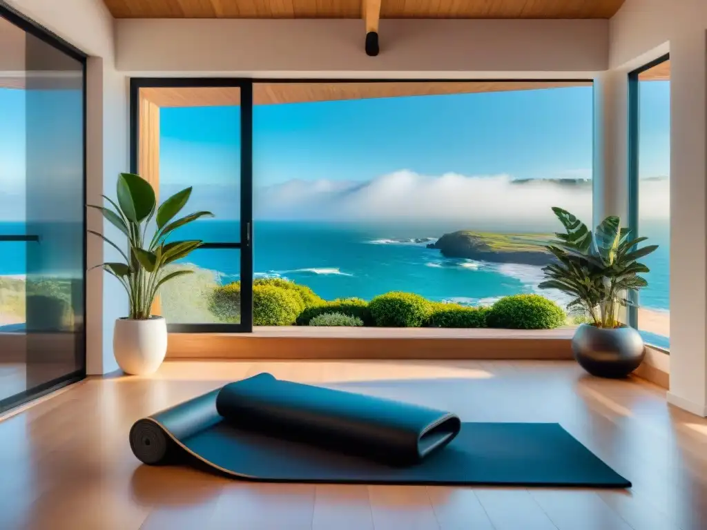 Un gimnasio en casa moderno con vista a la playa en Uruguay, equipado con todo lo necesario para cursos online ejercicio en casa Uruguay