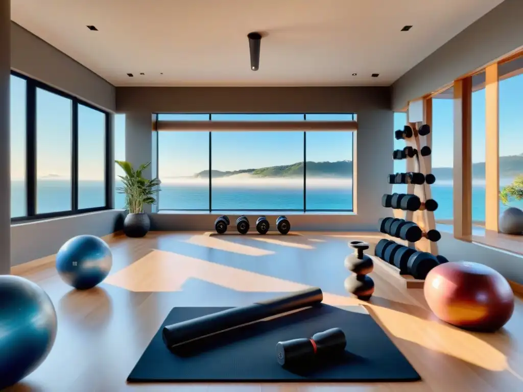 Gimnasio casero en Uruguay equipado con moderno equipamiento para entrenar, iluminado por luz natural