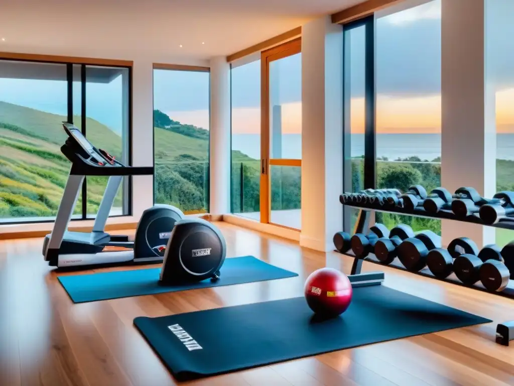 Un gimnasio casero en Uruguay con equipamiento moderno y elegante para un espacio de entrenamiento inspirador y acogedor