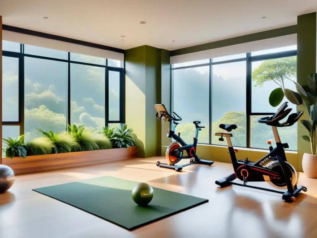 Un gimnasio casero en Uruguay con equipamiento moderno y motivador, rodeado de plantas y luz suave