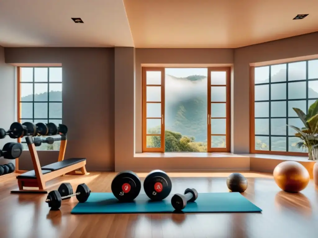 Un gimnasio casero moderno en Uruguay con accesorios de alta gama, en un espacio elegante y acogedor