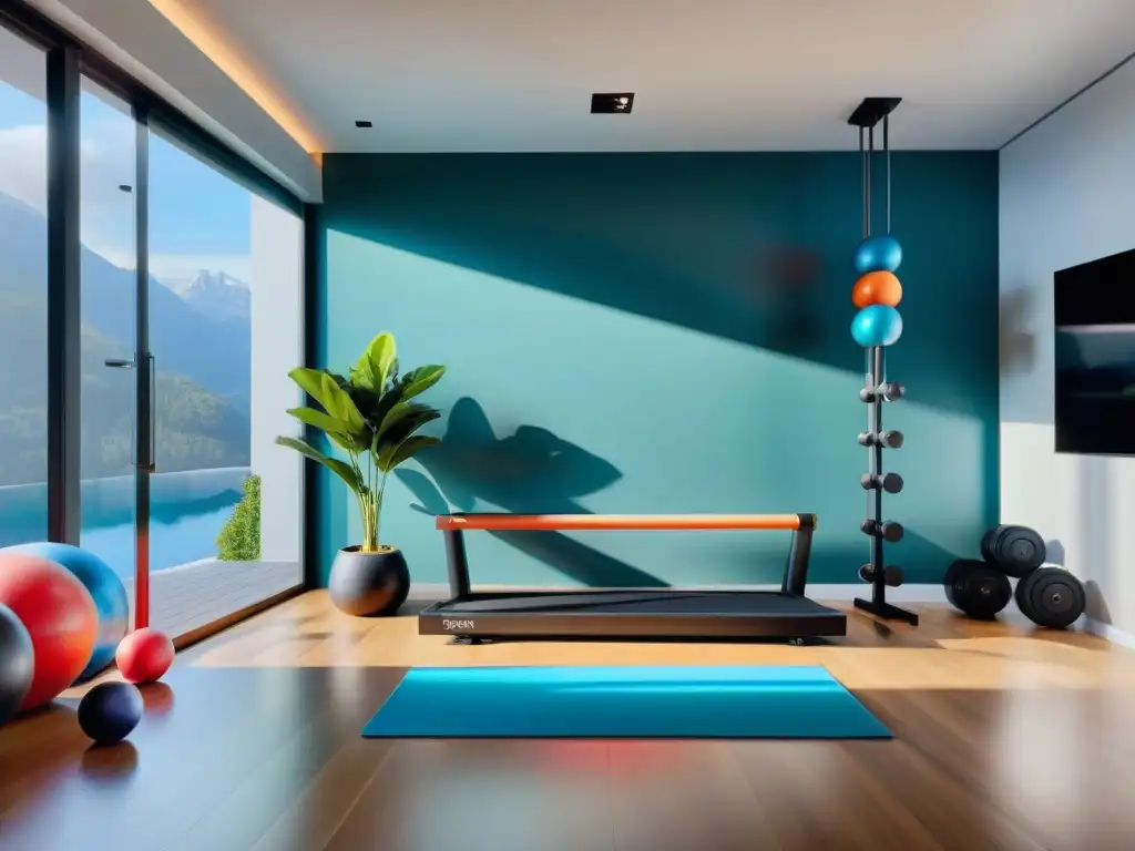 Un gimnasio casero moderno con accesorios coloridos en Uruguay