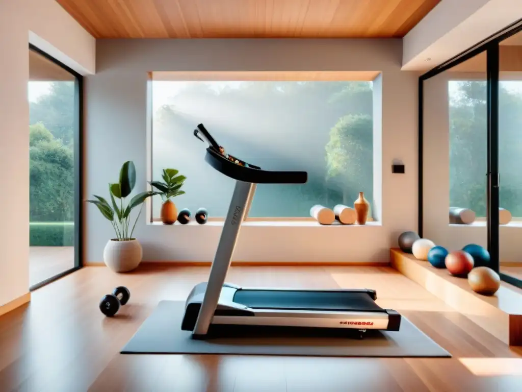 Un gimnasio casero moderno en Uruguay con equipamiento de alta calidad en un ambiente sereno y elegante