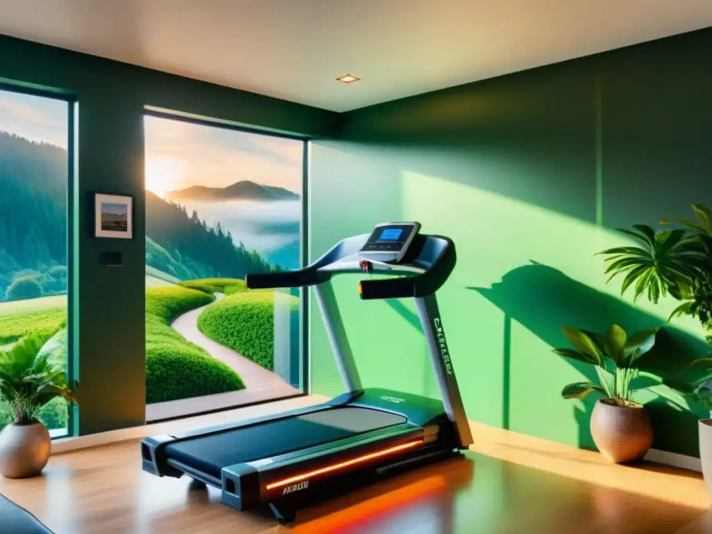 Un gimnasio casero moderno con equipos cardiovasculares, decorado con frases motivadoras y plantas verdes