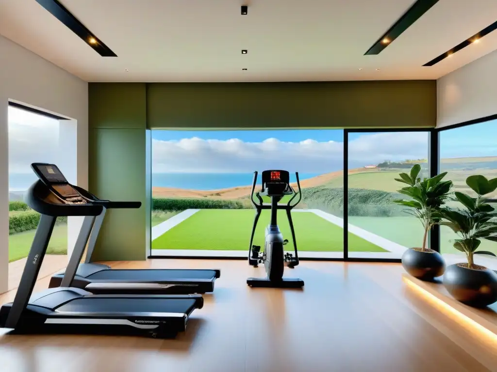 Un gimnasio casero uruguayo moderno con equipamiento de alta tecnología, plantas verdes y vistas panorámicas