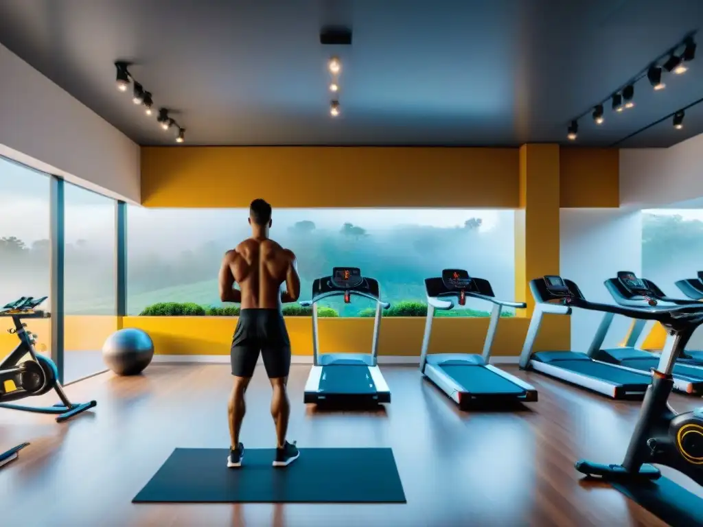 Gimnasio futurista en Uruguay con equipamiento moderno, vegetación vibrante y personas de todas las edades realizando yoga, pesas y ciclismo