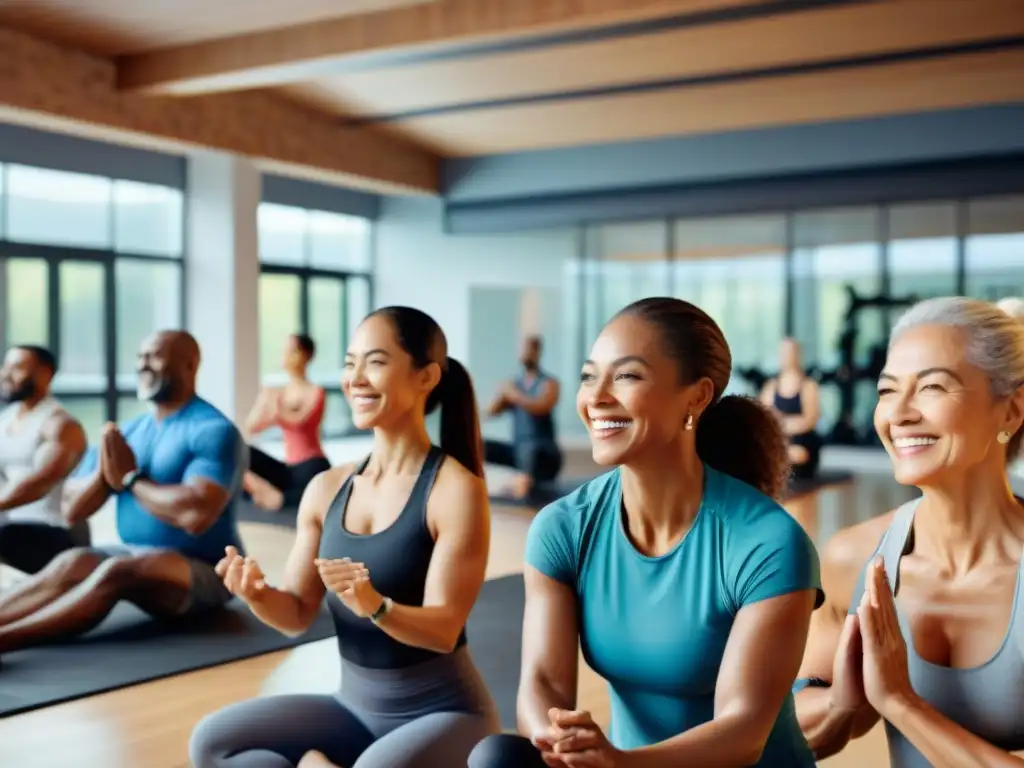 Un gimnasio moderno donde adultos de diversas edades y etnias hacen ejercicios para fortalecer huesos