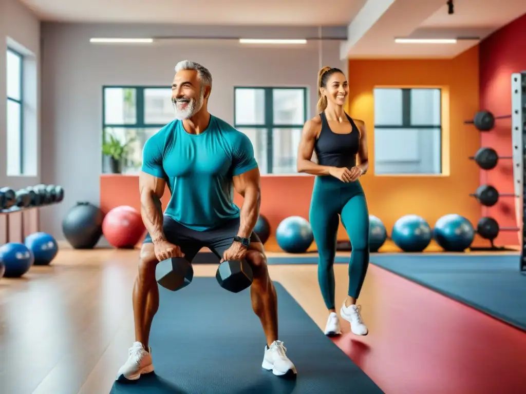 Un gimnasio moderno en Uruguay con entrenador personal guiando a personas en actividades fitness