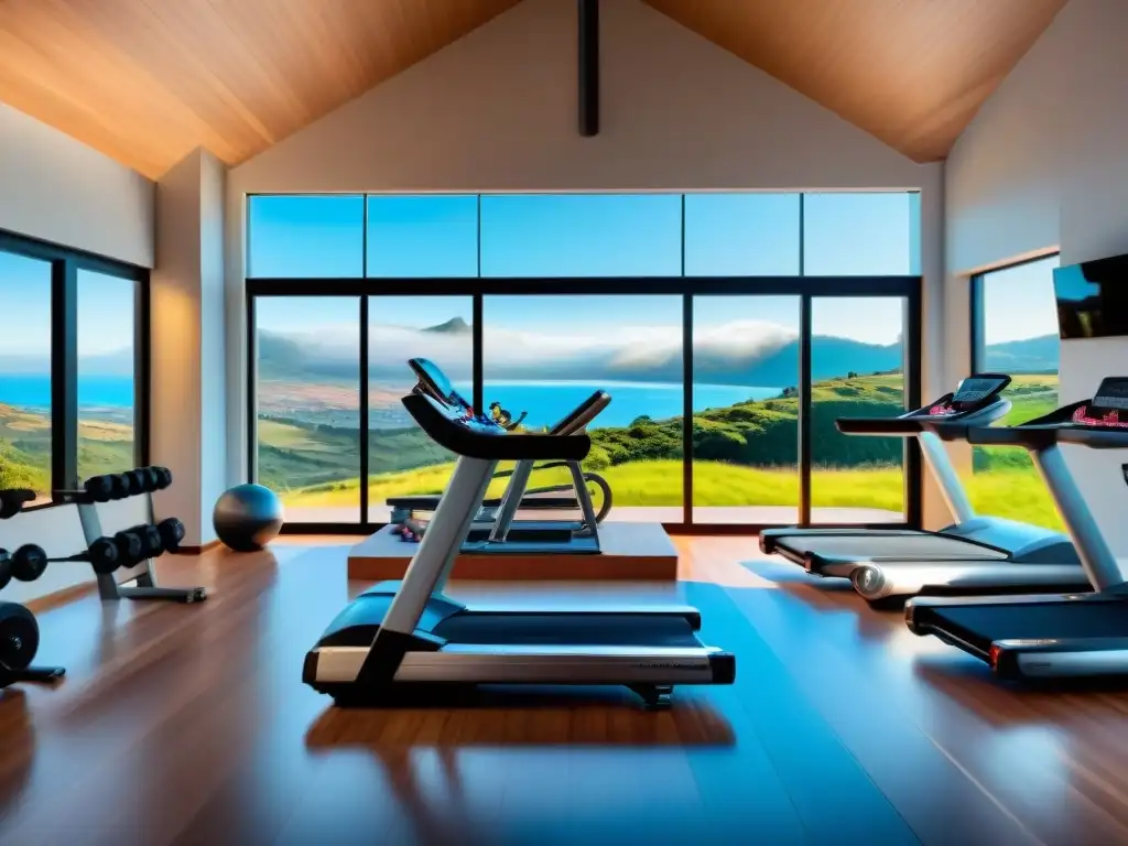 Un gimnasio moderno y minimalista con vista a paisaje uruguayo, equipado con máquinas de última generación