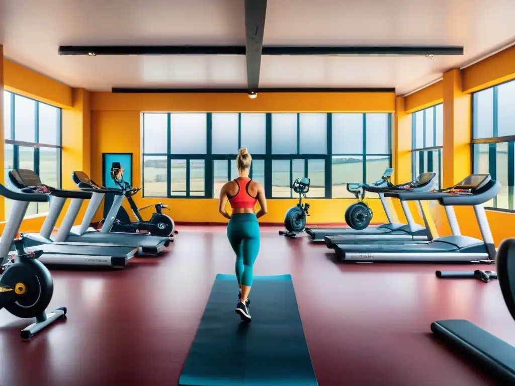 Un gimnasio moderno en Uruguay con personas realizando actividades fitness variadas