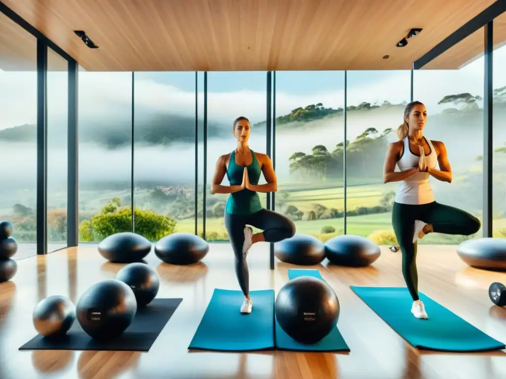 Un gimnasio moderno y sereno con vistas a un paisaje verde, donde personas realizan yoga, pesas y cardio