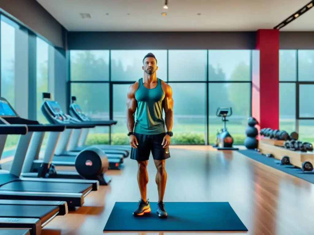 Un gimnasio moderno y vibrante con diversidad de personas, equipo de ejercicio y colores inspiradores