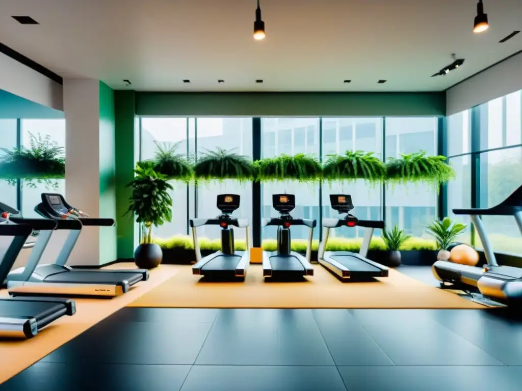 Un gimnasio moderno y vibrante con equipamiento de última generación, plantas verdes y frases motivacionales en las paredes, iluminado por luz natural