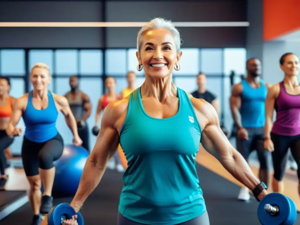 Un gimnasio moderno y vibrante con personas diversas manteniéndose motivadas para el ejercicio, unidas en su determinación