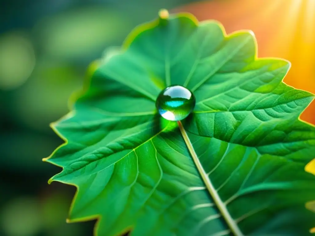 Una gota de agua brillante sobre una hoja verde, resaltando la importancia de hidratación y electrolitos en el rendimiento deportivo