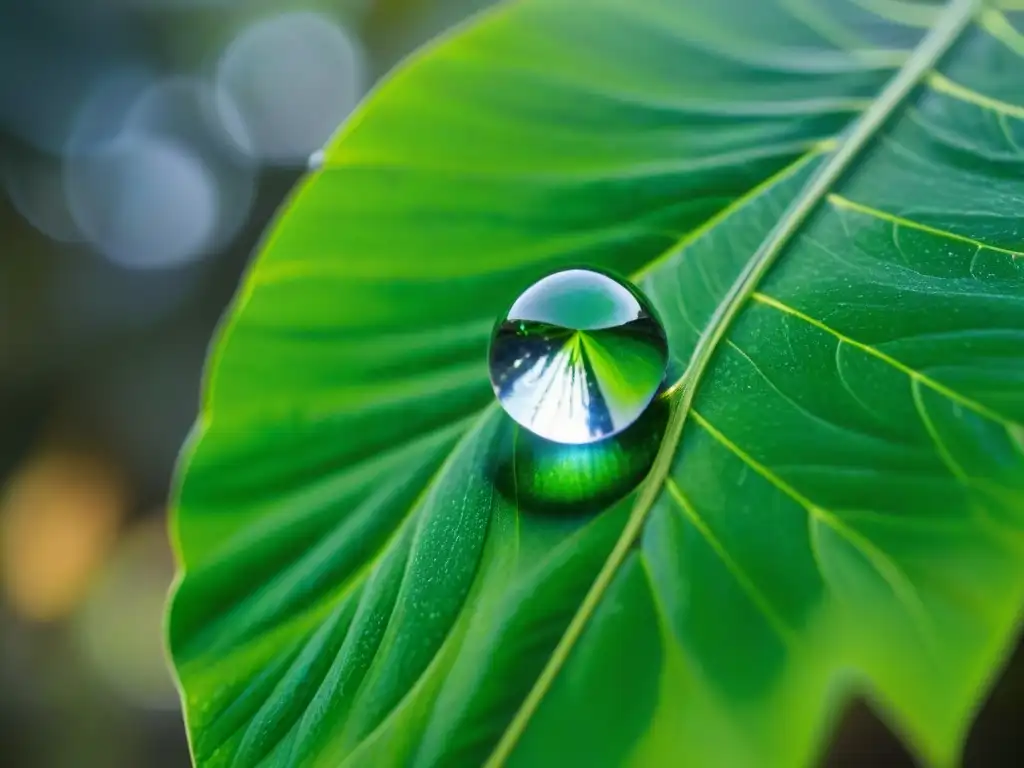 Gotas de vida: un delicado y cristalino reflejo de una gota de agua en una hoja verde resaltando la importancia del consumo responsable agua Uruguay