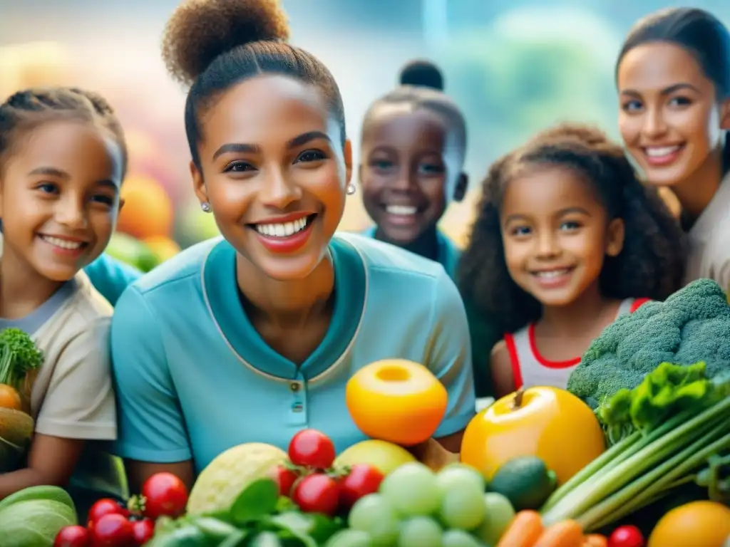 Gráfico de niños sonrientes en un programa nutrición, combatiendo obesidad infantil con alimentos saludables y diversión