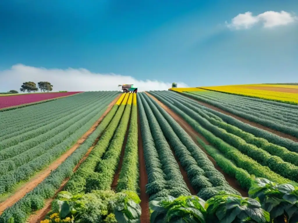 Una granja orgánica en Uruguay, con cultivos coloridos y biodiversidad, reflejando la agricultura sostenible