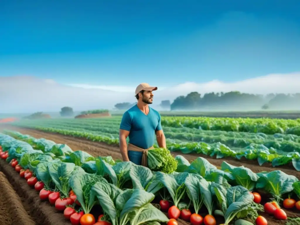 Una granja orgánica vibrante y exuberante en Uruguay, con cultivos coloridos bajo el cielo azul