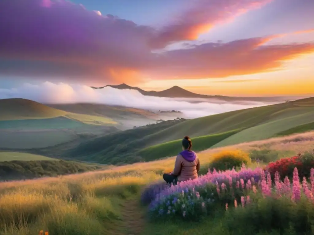 Meditación y gratitud en Uruguay: Atardecer sereno sobre colinas, silueta meditando rodeada de naturaleza vibrante y flores silvestres