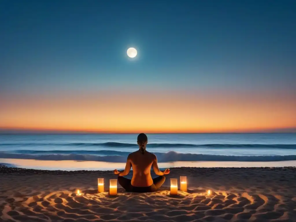 Meditación grupal en la playa de Uruguay bajo la luna llena, una escena mística y serena