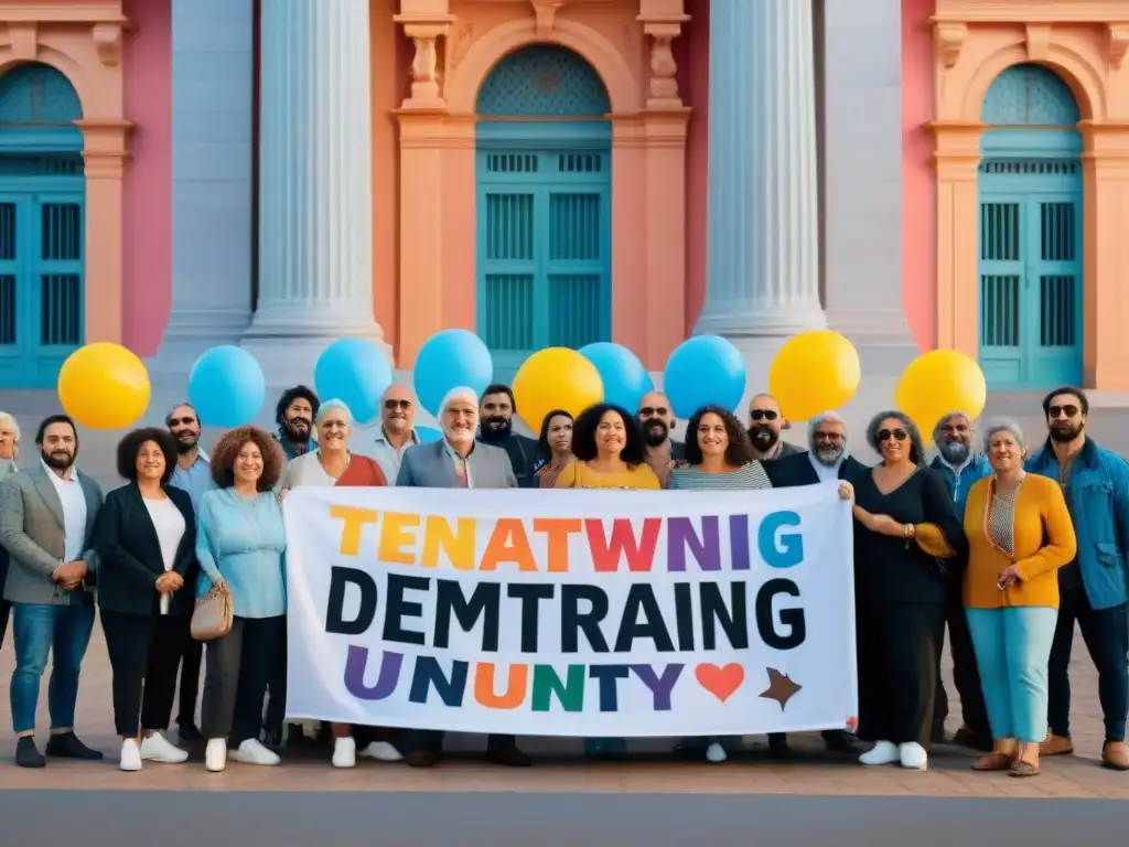 Un grupo de activistas diversos frente al Palacio Legislativo en Montevideo, sosteniendo pancartas coloridas con mensajes inspiradores al atardecer