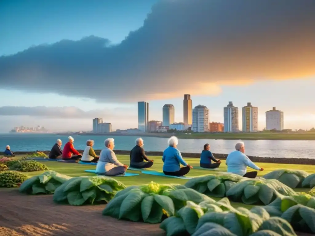 Grupo activo de ancianos en Uruguay disfrutando actividades al aire libre en Montevideo al atardecer, promoviendo vitalidad y bienestar