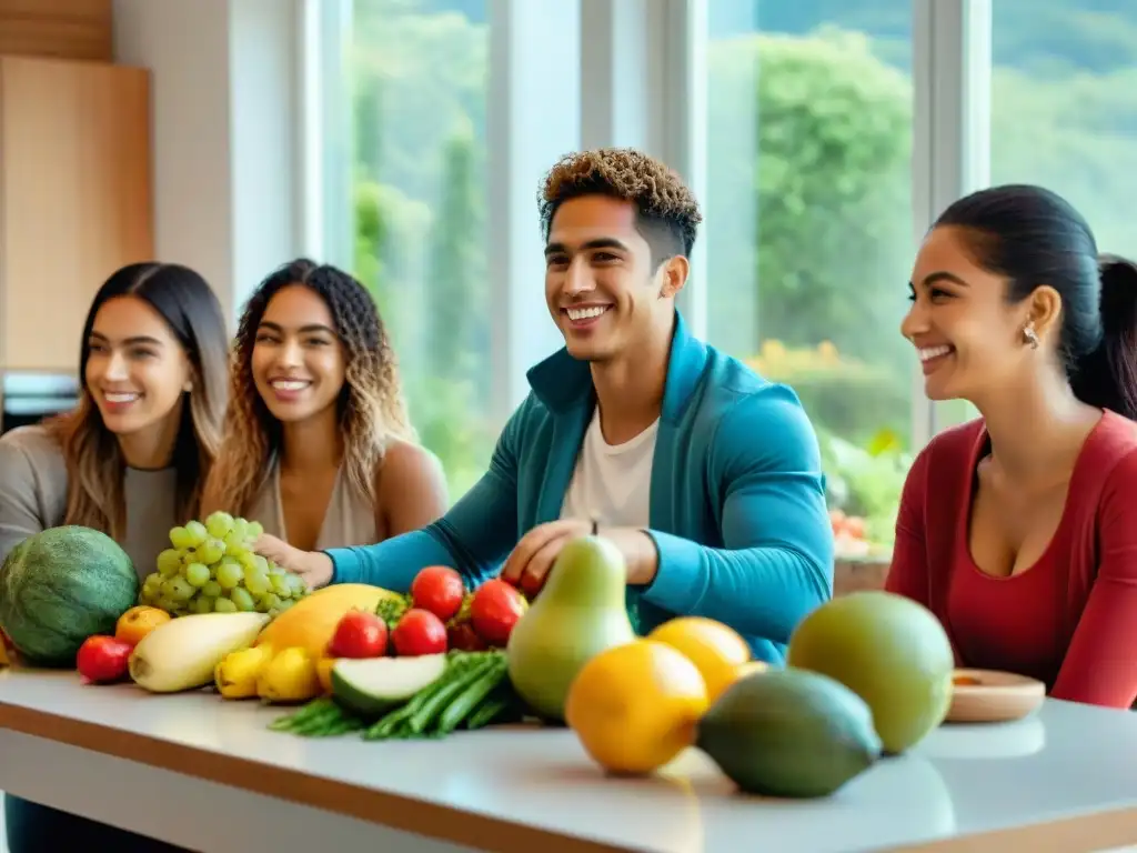 Grupo de adolescentes uruguayos sonrientes disfrutando de una nutrición balanceada en un ambiente fresco y acogedor