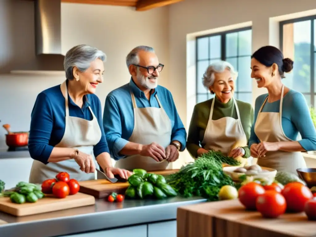 Grupo de adultos mayores disfrutando de una clase de cocina saludable con ingredientes mediterráneos