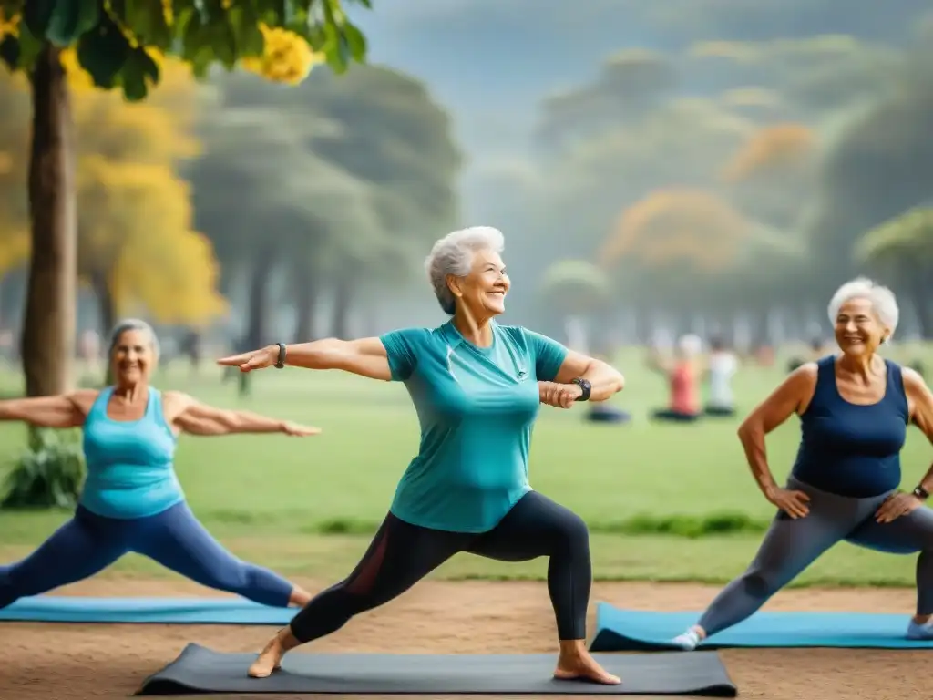 Un grupo de adultos mayores disfruta haciendo ejercicio en un parque en Uruguay, irradiando alegría y comunidad