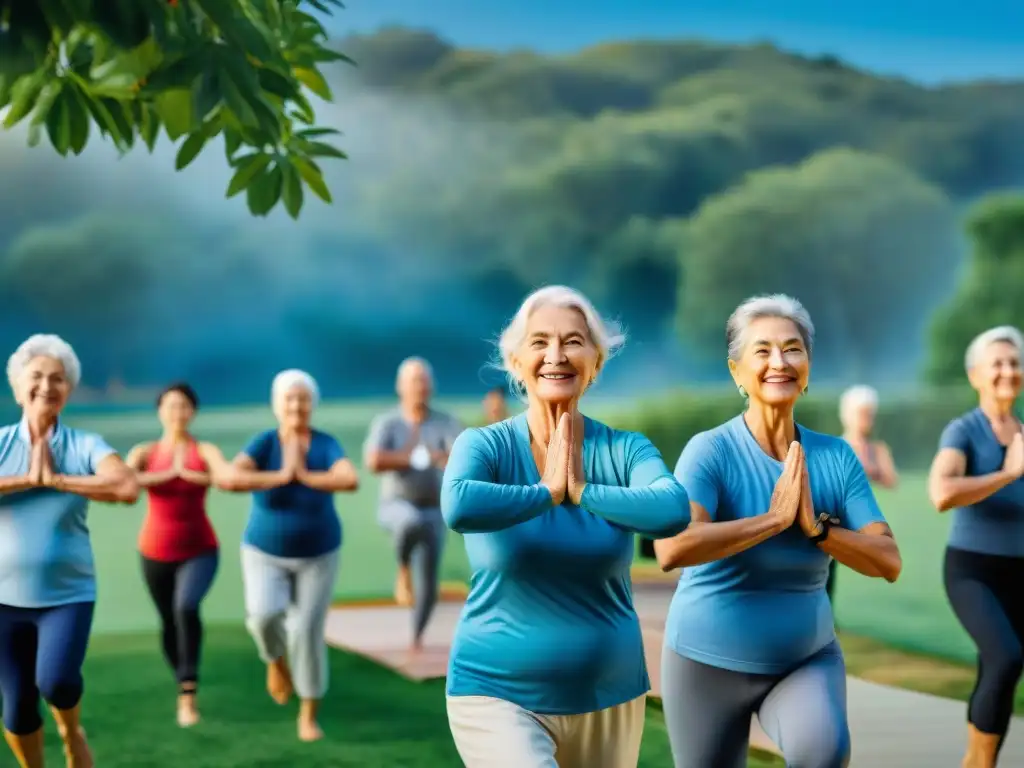 Grupo de adultos mayores sonrientes practicando ejercicio al aire libre, reflejando los beneficios de la dieta mediterránea en Uruguay