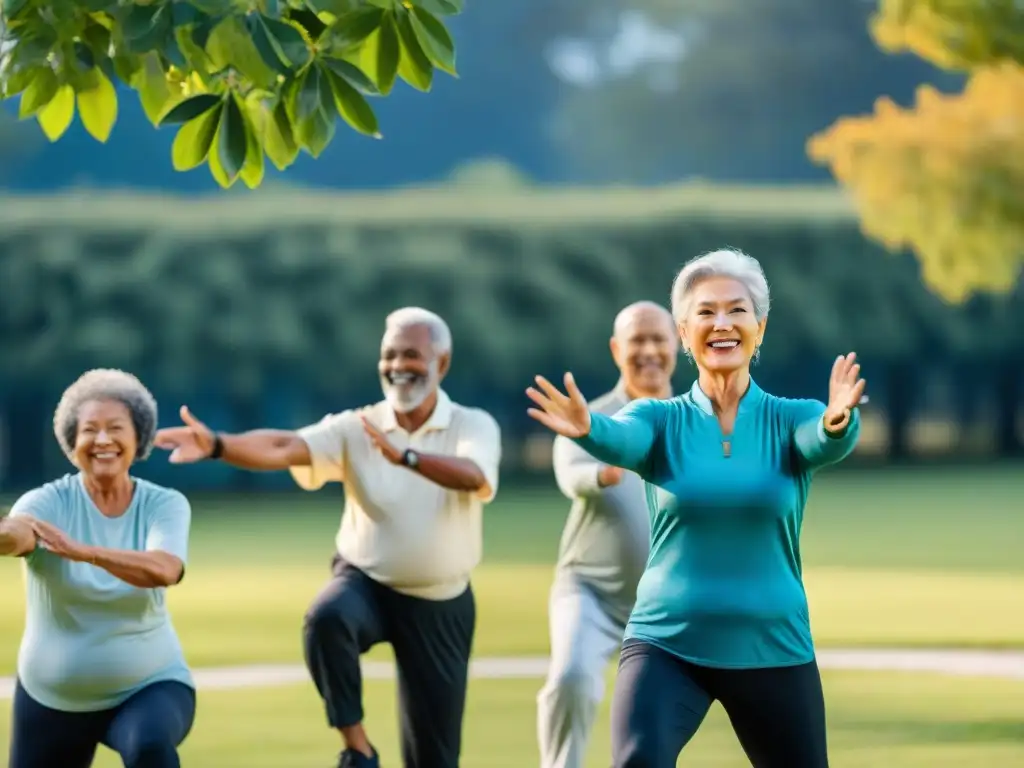 Grupo de adultos mayores sonrientes practicando tai chi en un parque con árboles verdes y cielo azul, transmitiendo vitalidad y bienestar comunitario