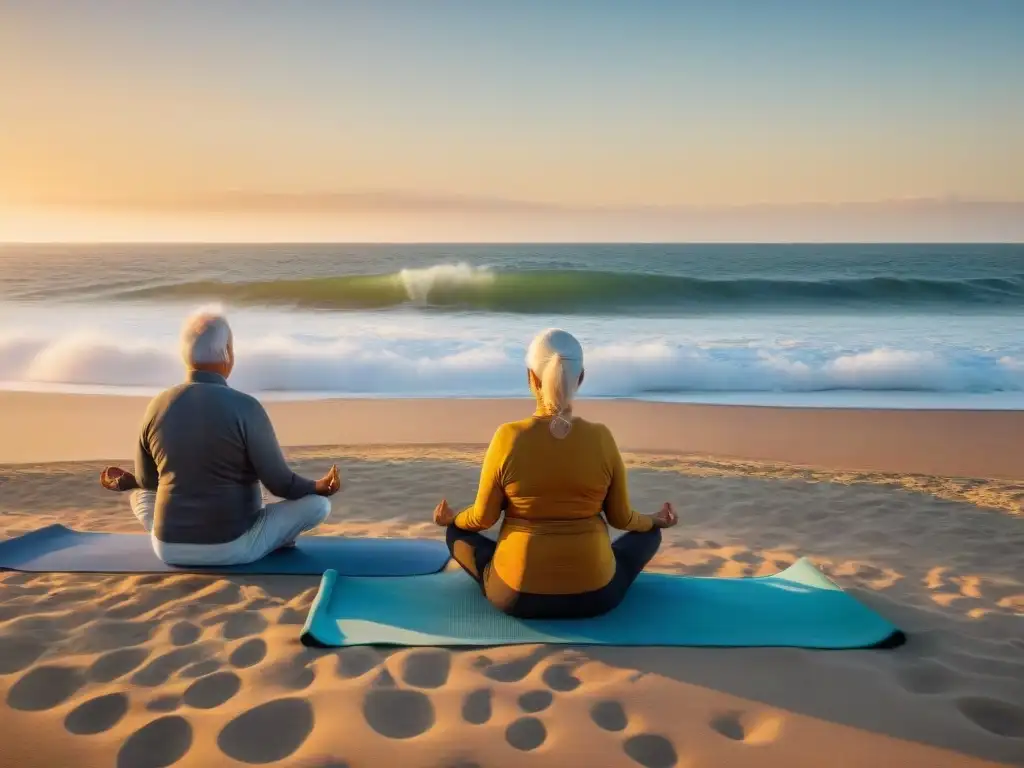 Grupo de adultos mayores practicando yoga en la playa en Uruguay, transmitiendo paz y bienestar